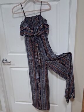 Navy Patterned Wide-Leg Jumpsuit with Spaghetti Straps